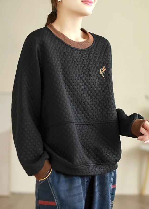 Loose Black Embroidered Thick Cotton Sweatshirt Embroiderie Fall