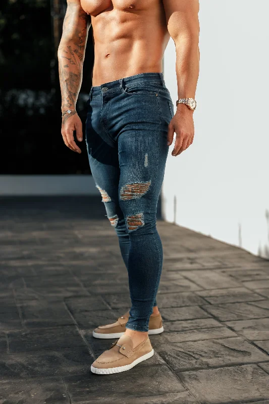 Latest Designer Men's JeansFather Sons Ultra Stretch Mid Blue Slim Jeans with Distressed Rips - FSJEAN013 Latest Designer Men's JeansFather Sons Ultra Stretch Mid Blue Slim Jeans with Distressed Rips - FSJEAN013