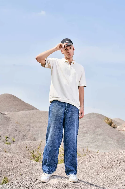 Durable Men's JeansBlue Faded Wide Leg Jeans