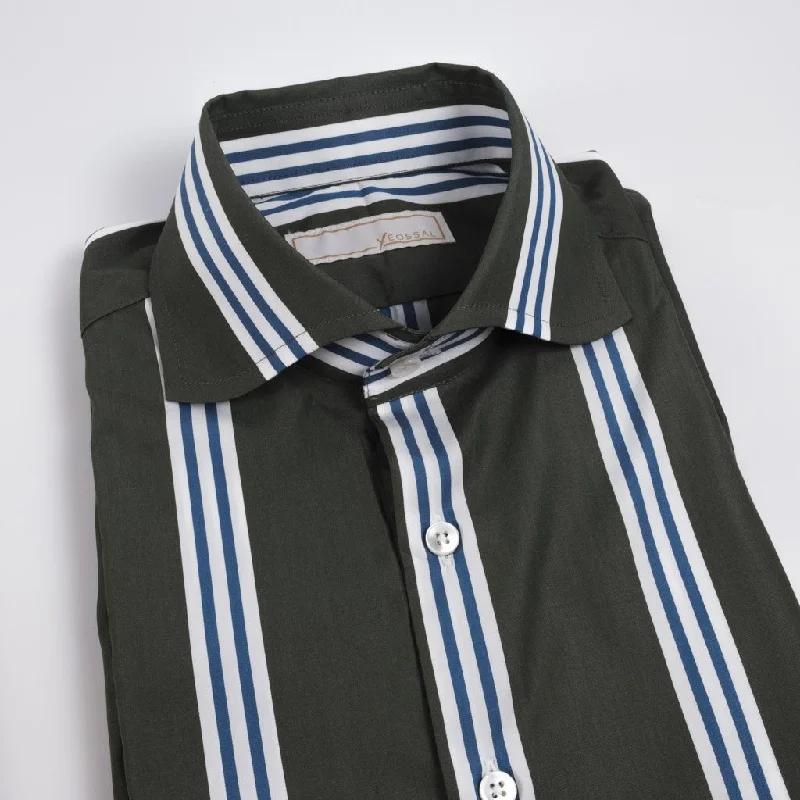 Men's Tab-Collar Shirts for a Crisp LookThomas Mason Green/White/Blue Stripes Regent Shirt MFC0474