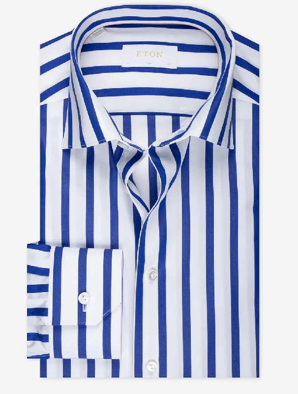 Men's Pattern Mixing Shirts for Creative StyleStriped Elevated Poplin Slim Fit Shirt Blue