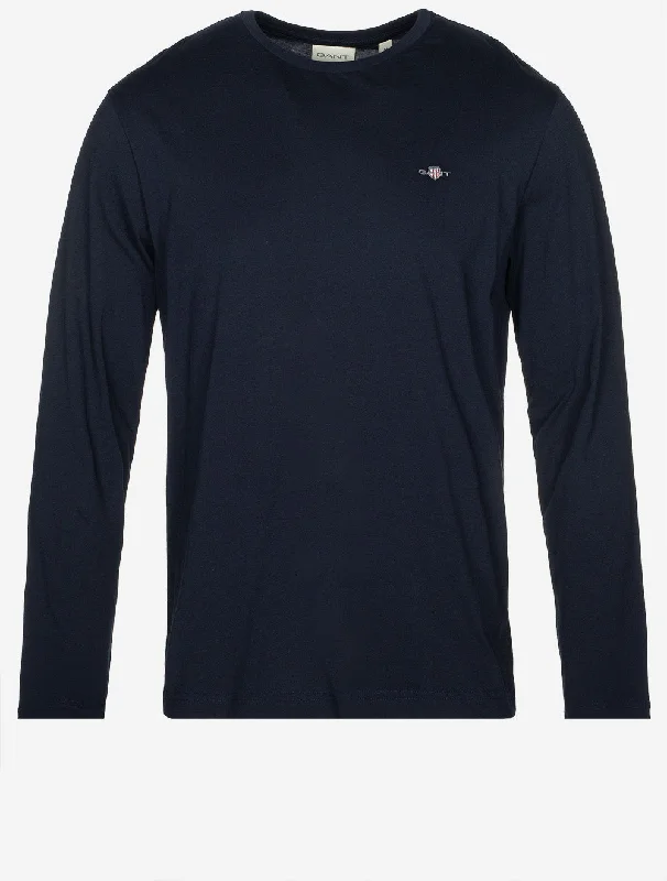 Men's Solid-Color Block Shirts for a Bold StatementRegular Shield Long Sleeve T Shirt Evening Blue