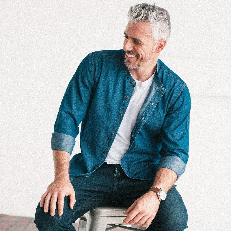 Men's Wingtip-Collar Shirts for a Classic TouchEssential Band Collar Button Down Shirt - Medium Blue Cotton Denim Men's Wingtip-Collar Shirts for a Classic TouchEssential Band Collar Button Down Shirt - Medium Blue Cotton Denim